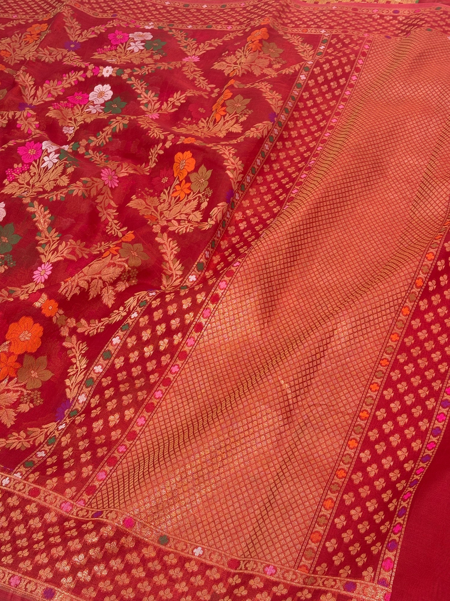 Deep Red Pure Kora Silk Ektara Jamdani Saree