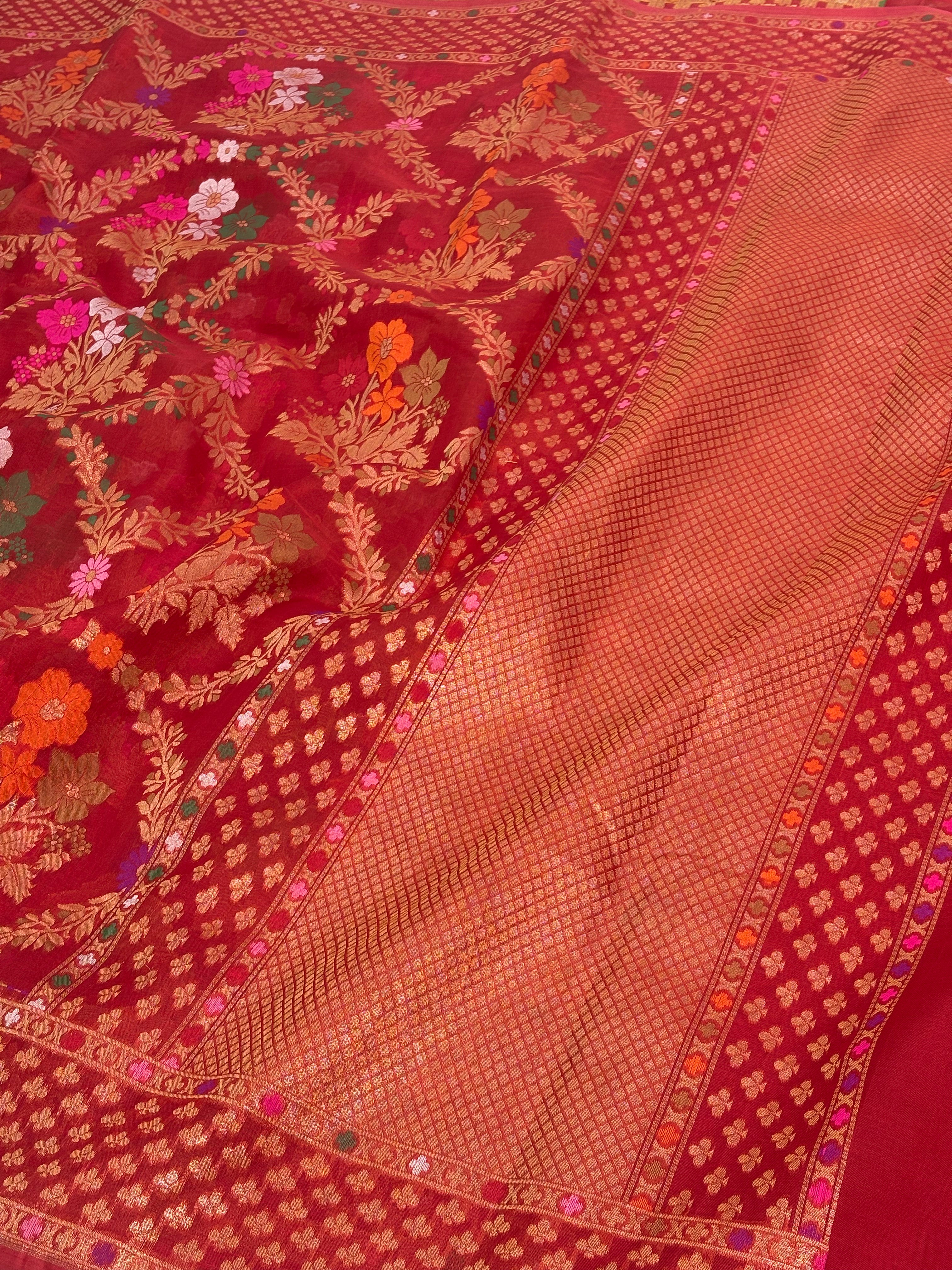 Deep Red Pure Kora Silk Ektara Jamdani Saree