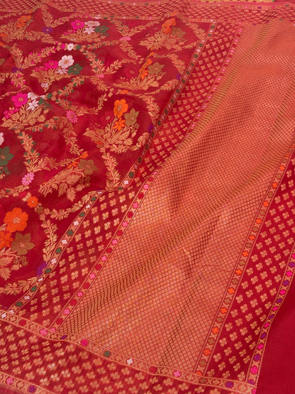 Deep Red Pure Kora Silk Ektara Jamdani Saree