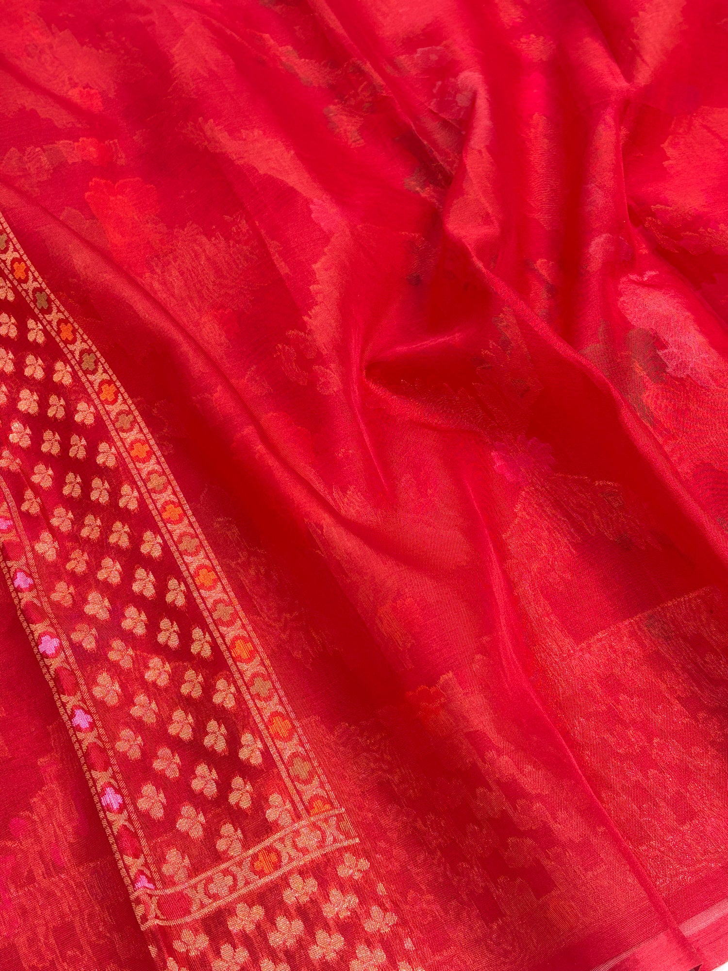 Deep Red Pure Kora Silk Ektara Jamdani Saree