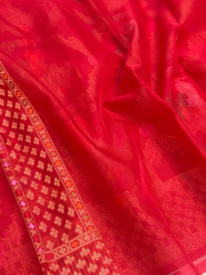 Deep Red Pure Kora Silk Ektara Jamdani Saree