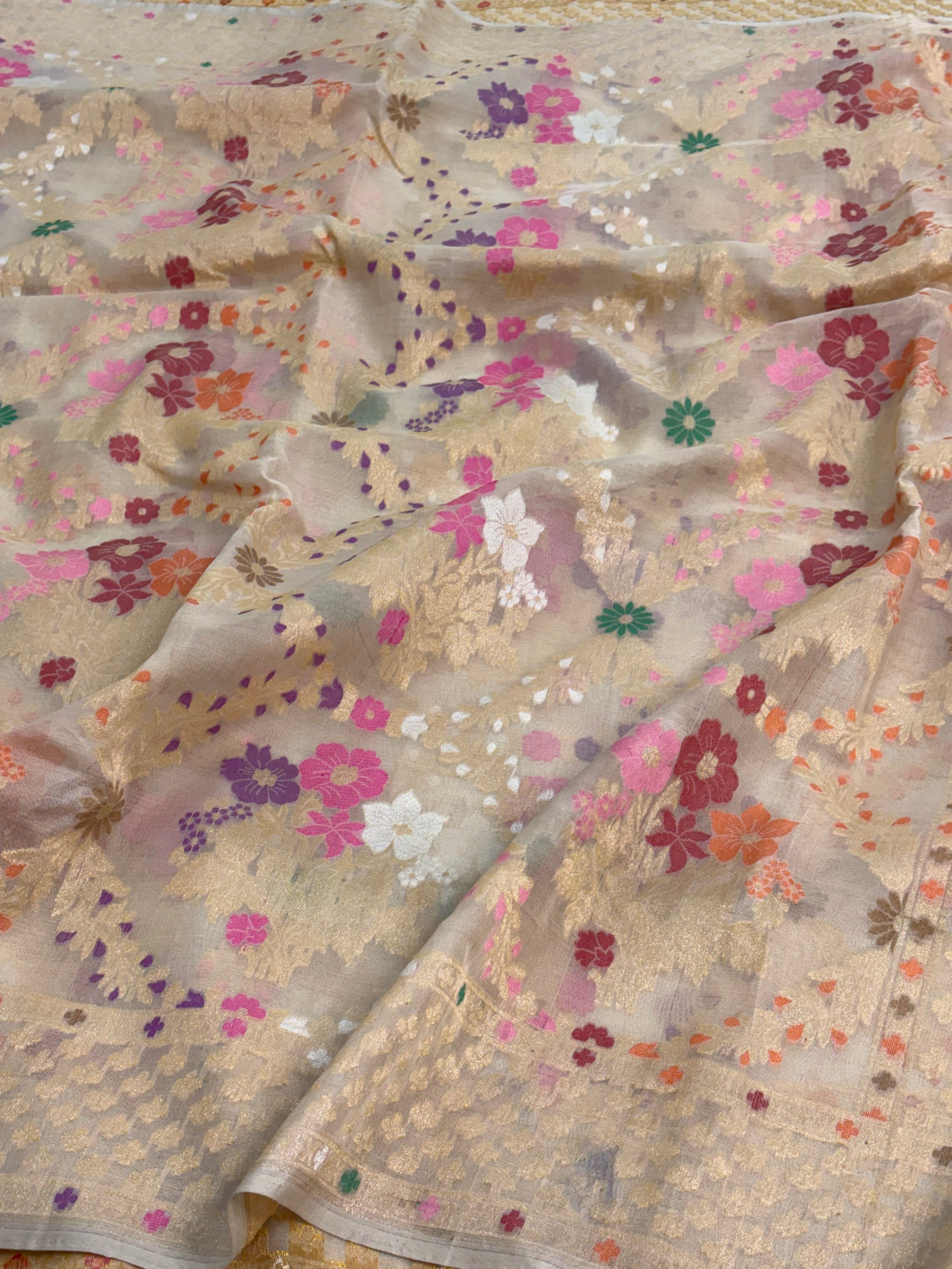 Ivory Pure Kora Minakari Ektara Jamdani Saree