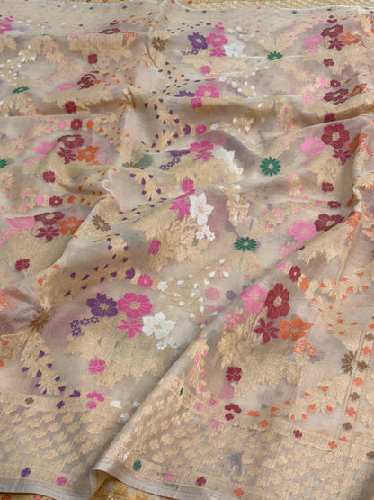 Ivory Pure Kora Minakari Ektara Jamdani Saree
