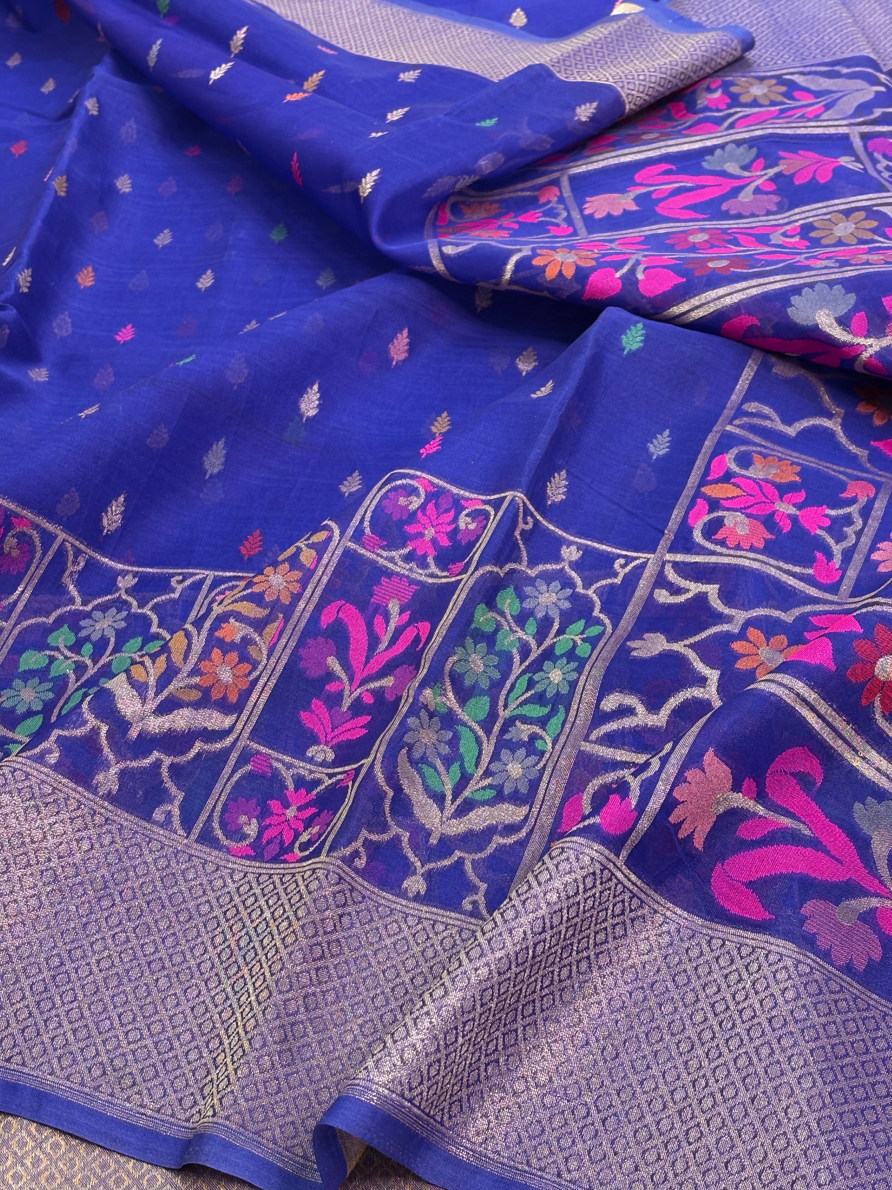 Royal Blue Pure Kora Silk Ektara Jamdani Saree