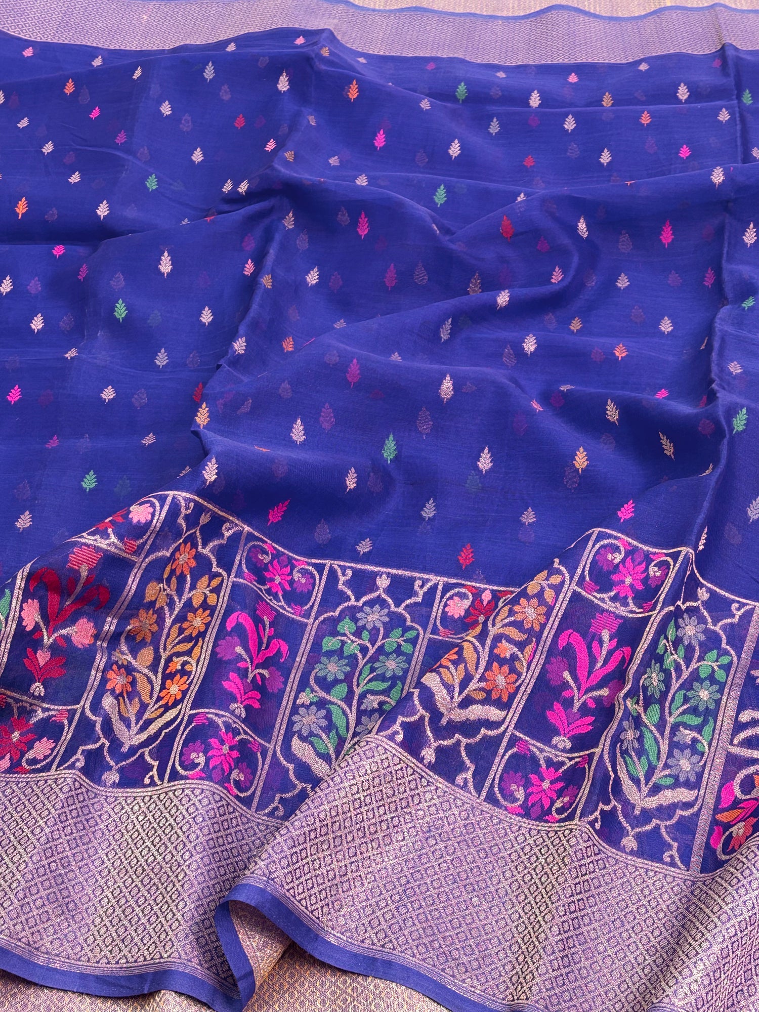 Royal Blue Pure Kora Silk Ektara Jamdani Saree