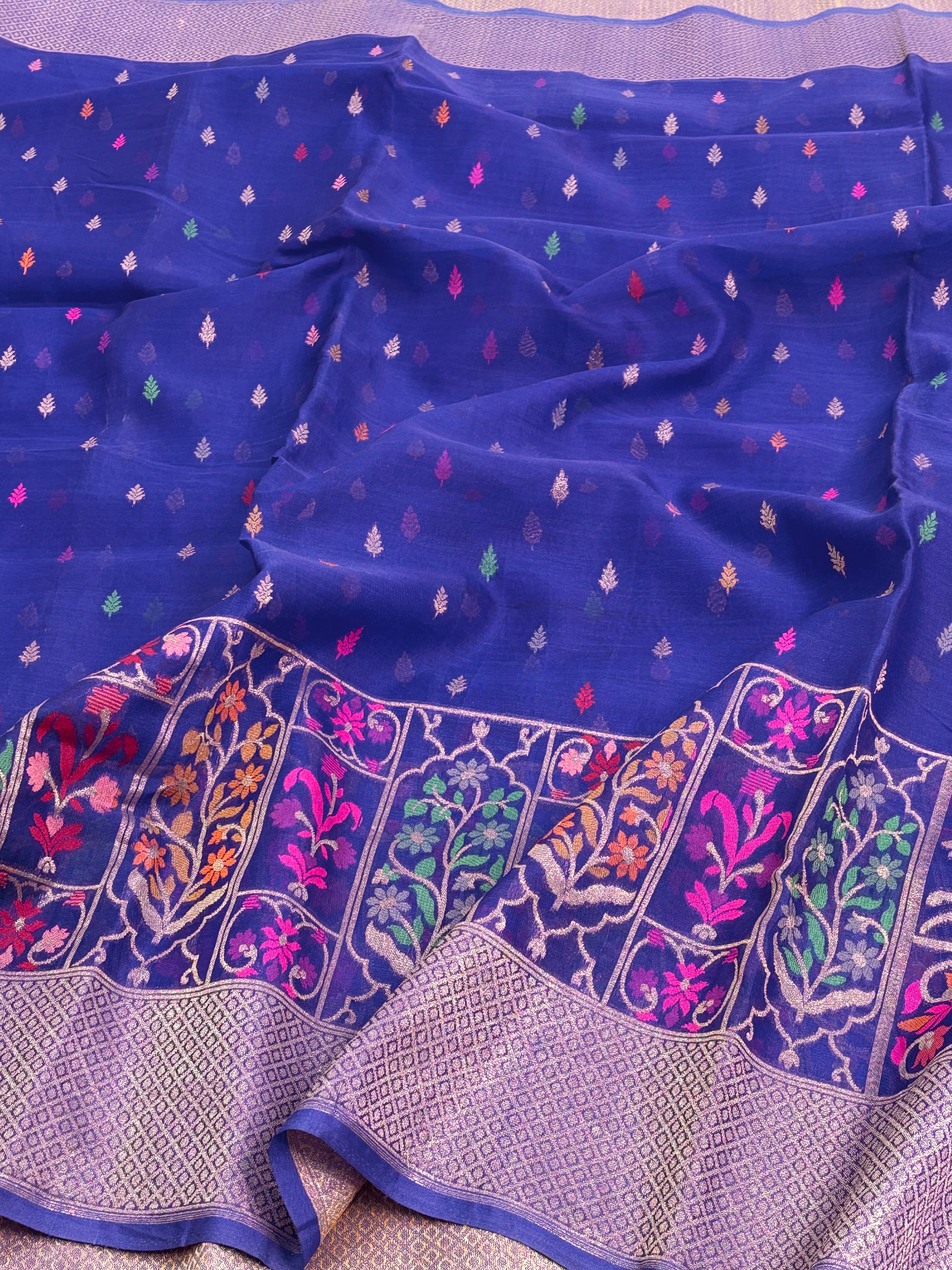 Royal Blue Pure Kora Silk Ektara Jamdani Saree
