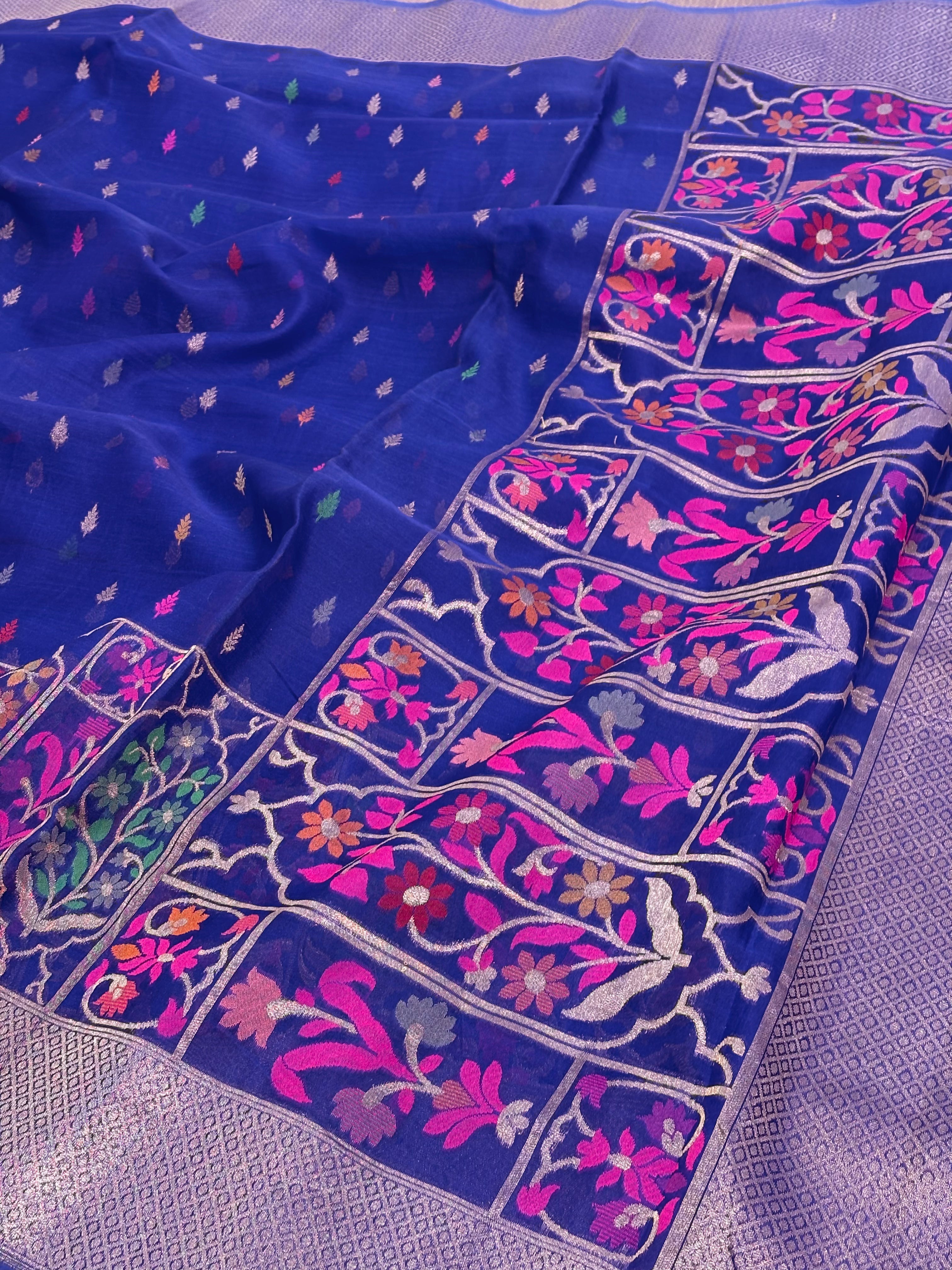 Royal Blue Pure Kora Silk Ektara Jamdani Saree