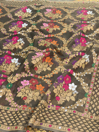 Mehendi Green Pure Kora Silk Ektara Jamdani Saree