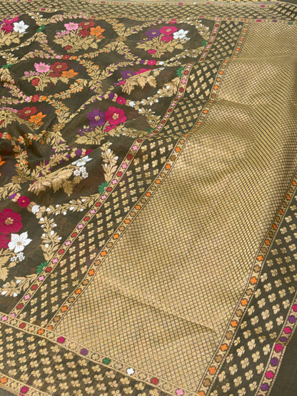 Mehendi Green Pure Kora Silk Ektara Jamdani Saree