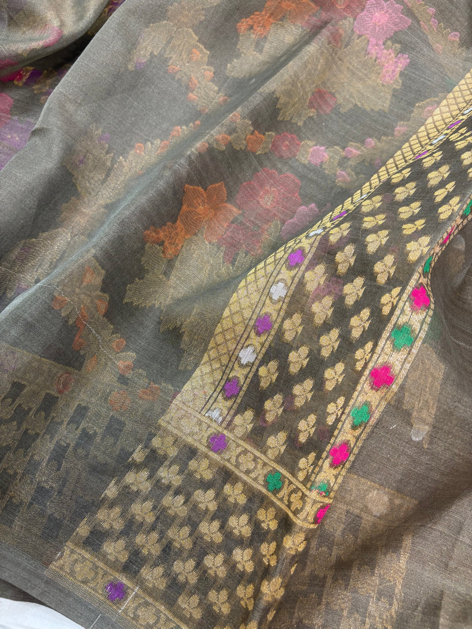 Mehendi Green Pure Kora Silk Ektara Jamdani Saree