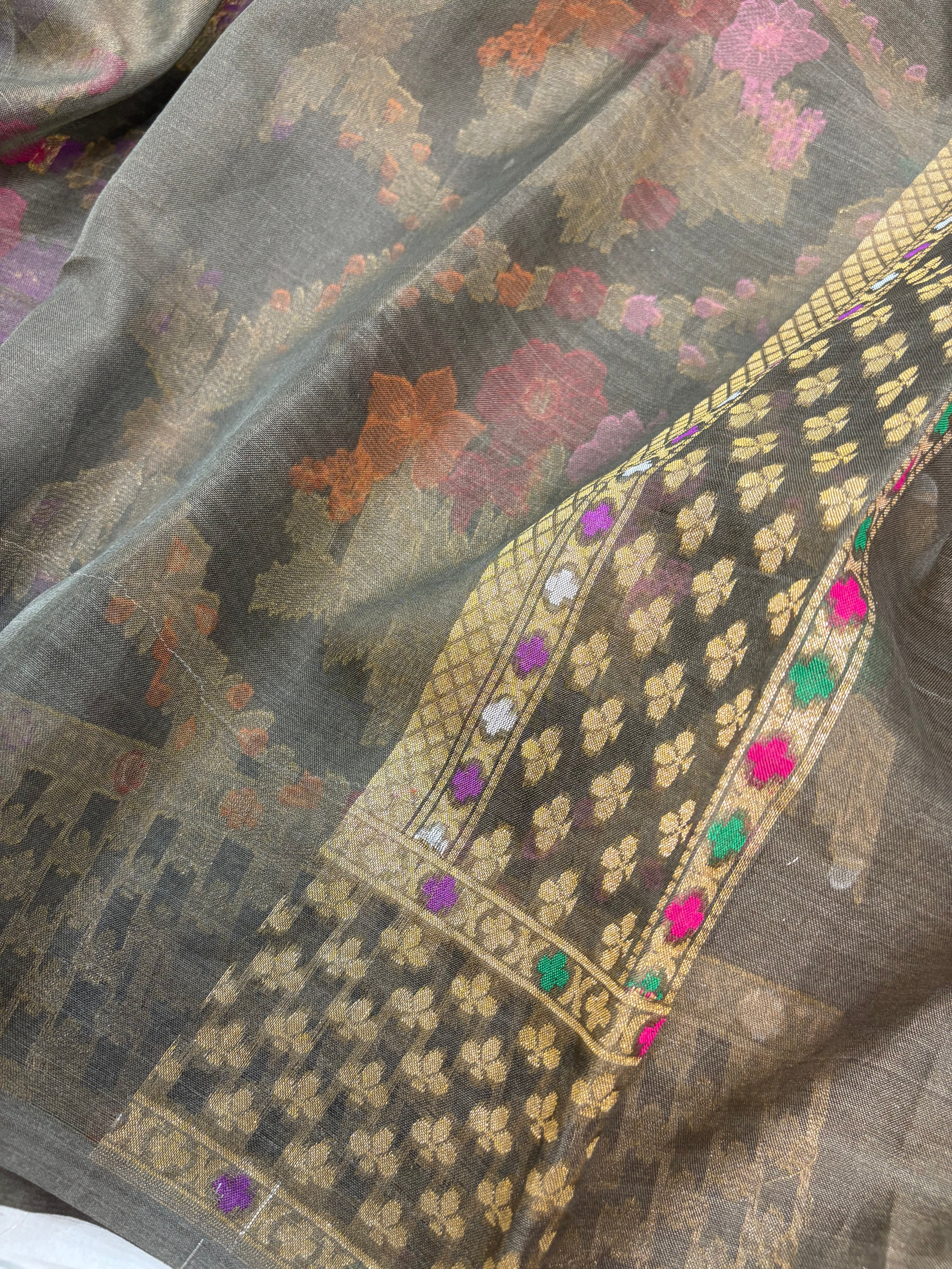Mehendi Green Pure Kora Silk Ektara Jamdani Saree