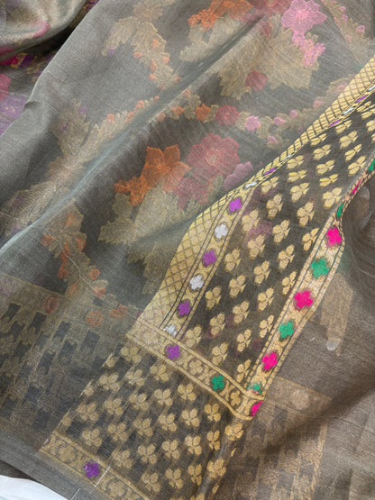 Mehendi Green Pure Kora Silk Ektara Jamdani Saree