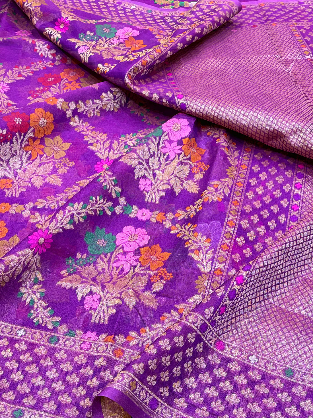 Vibrant Purple Pure Kora Silk Ektara Jamdani Saree