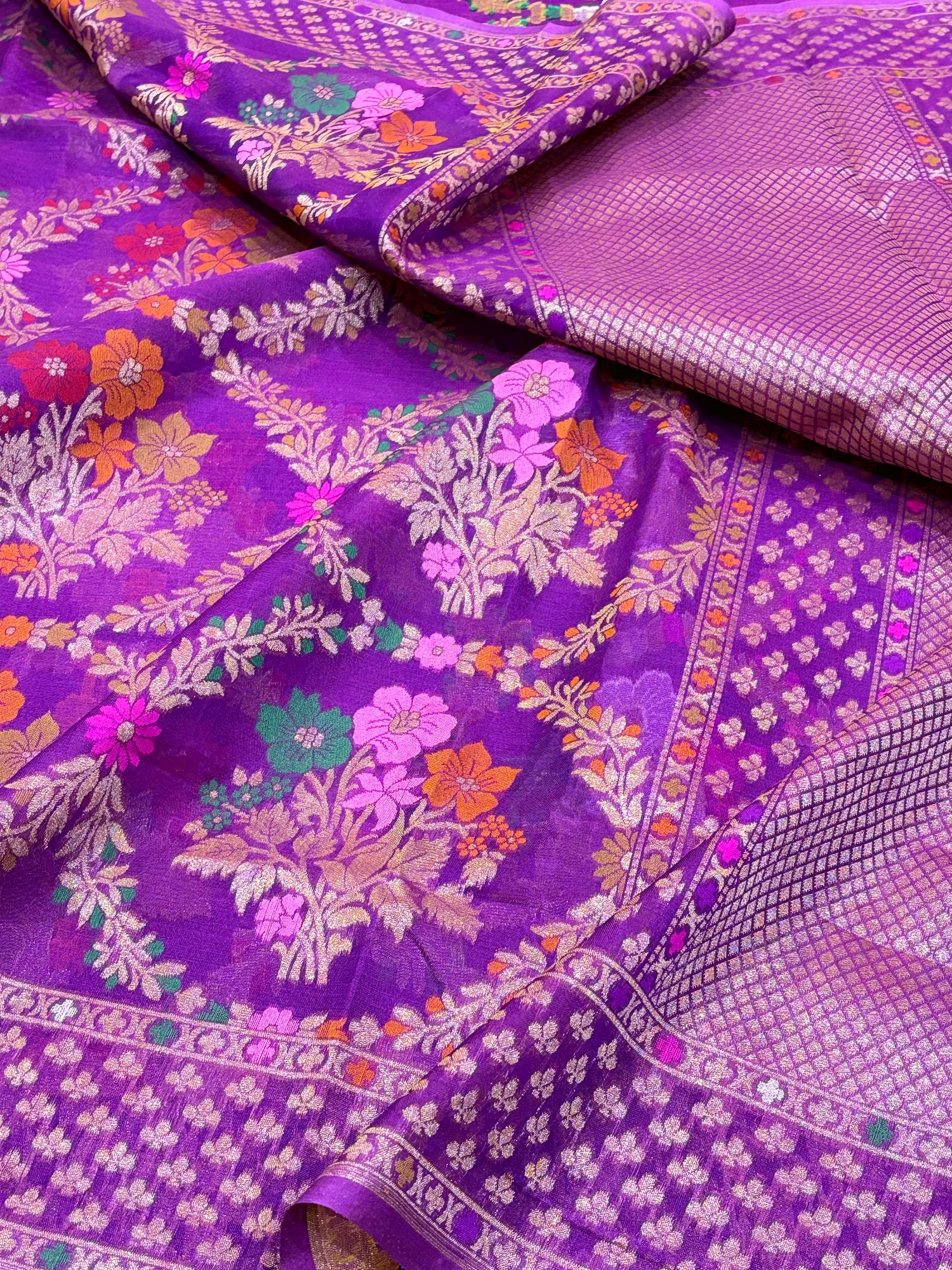 Vibrant Purple Pure Kora Silk Ektara Jamdani Saree