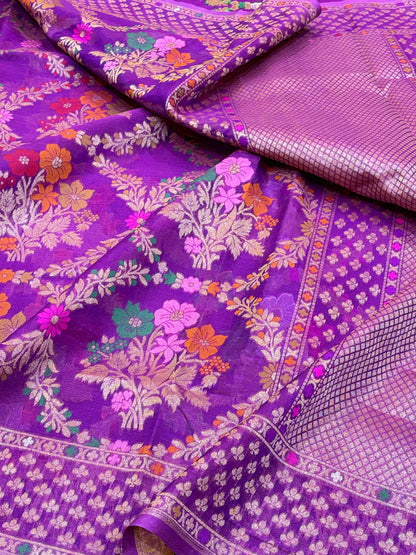 Vibrant Purple Pure Kora Silk Ektara Jamdani Saree