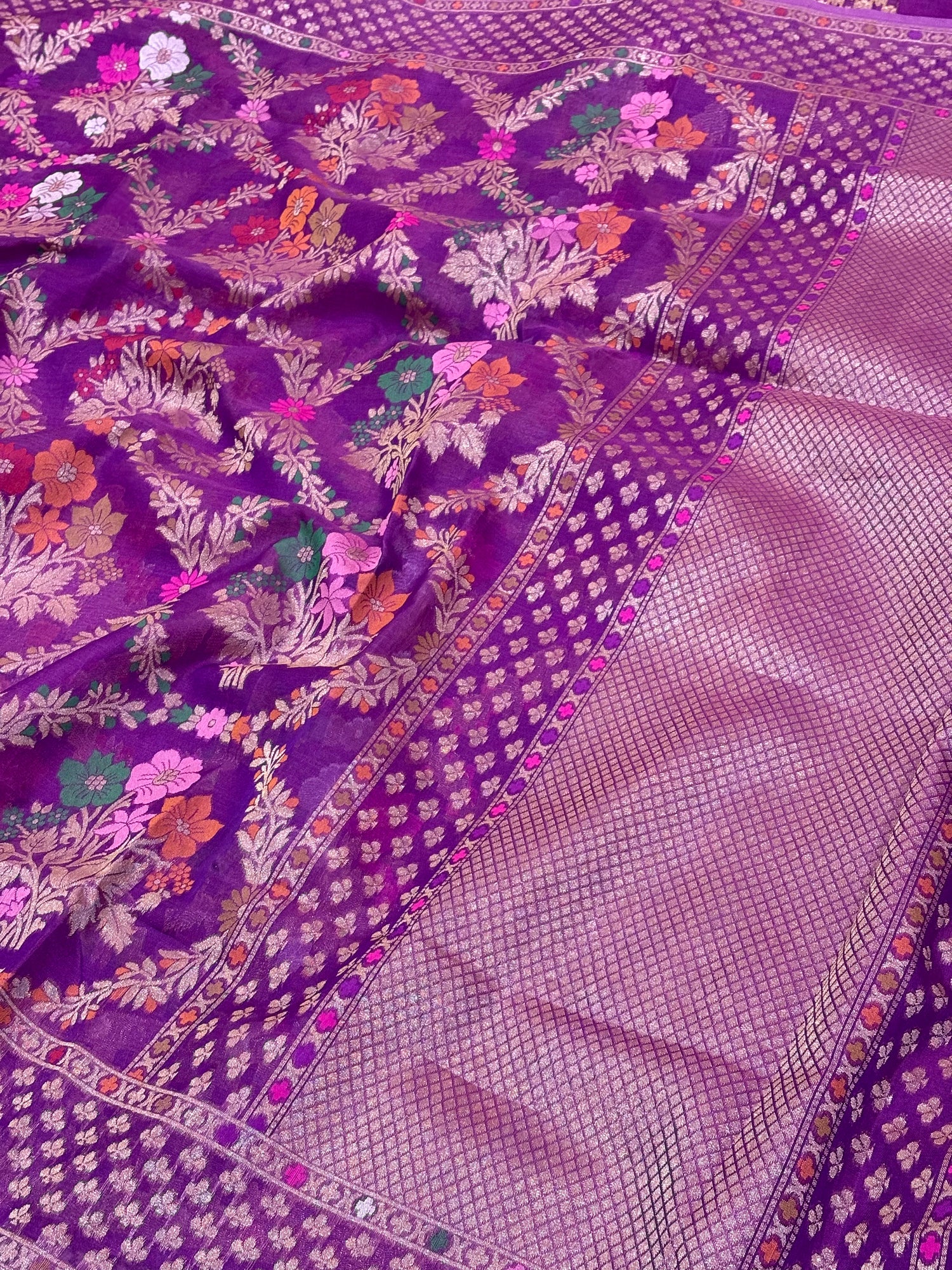 Vibrant Purple Pure Kora Silk Ektara Jamdani Saree