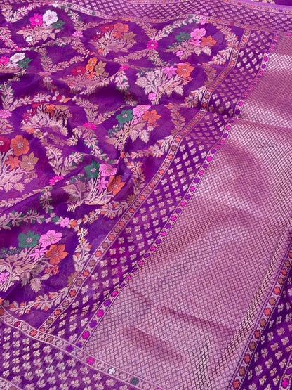 Vibrant Purple Pure Kora Silk Ektara Jamdani Saree