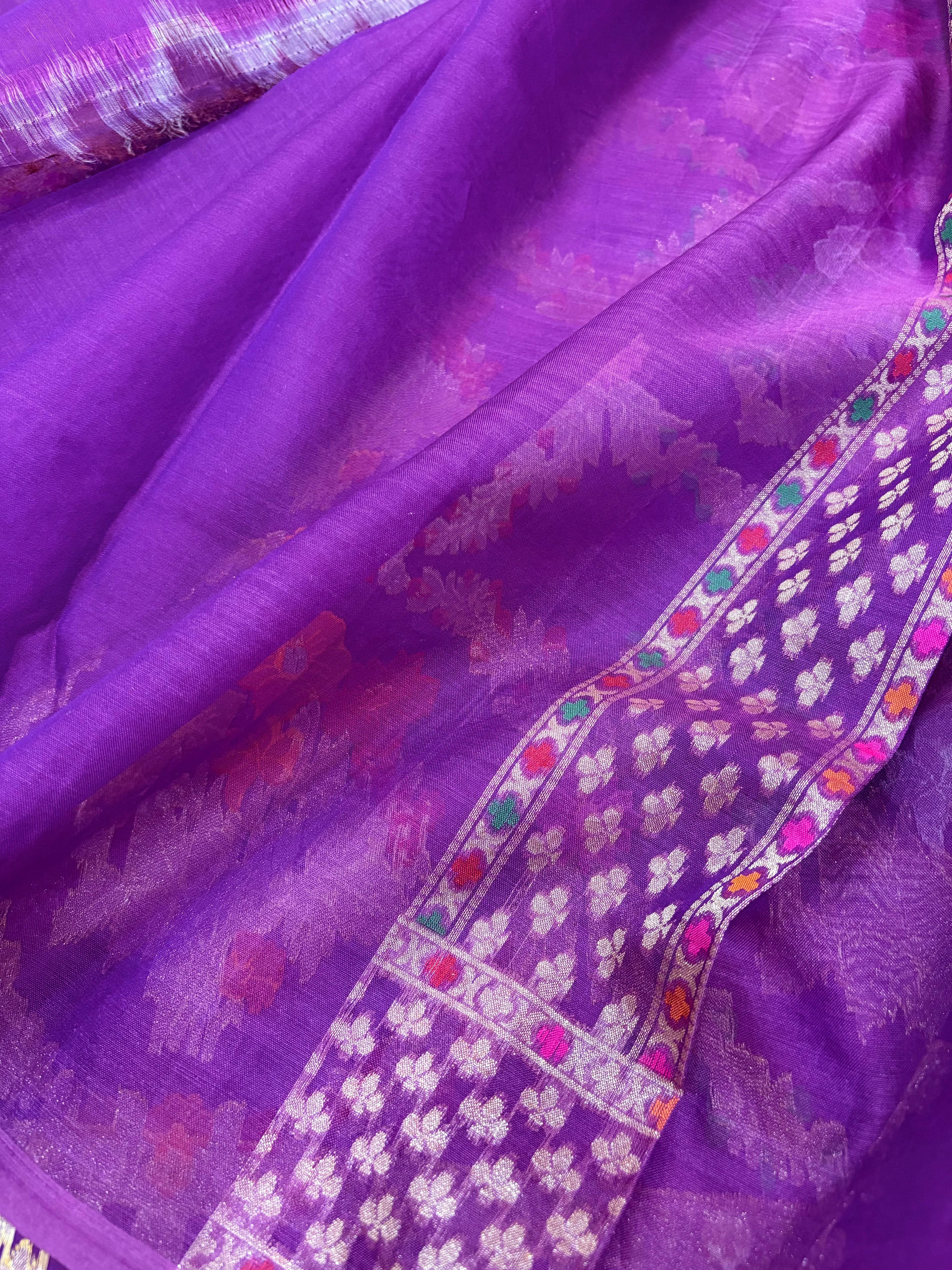Vibrant Purple Pure Kora Silk Ektara Jamdani Saree