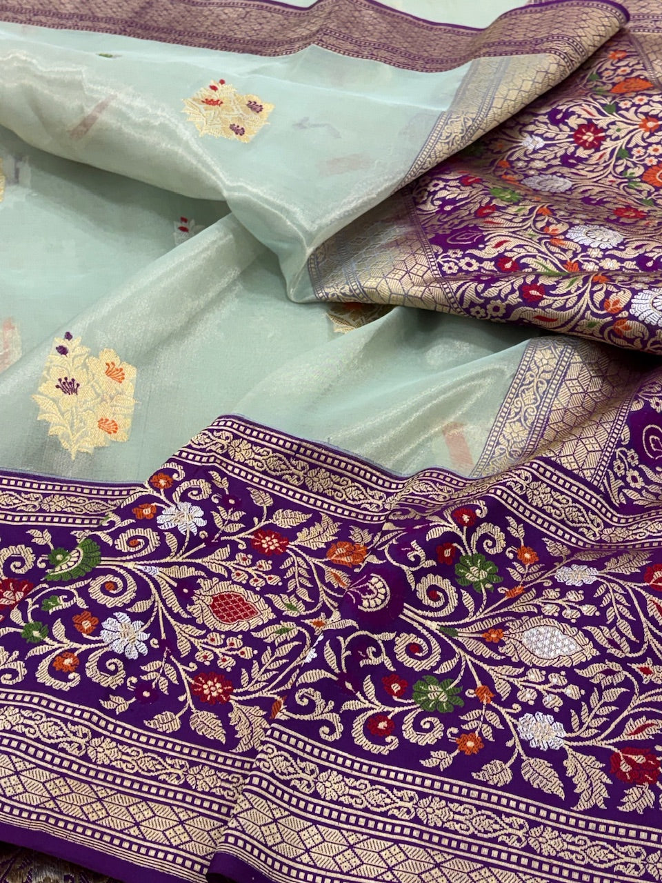 Ice Blue Banarasi Tissue Silk Handwoven Saree