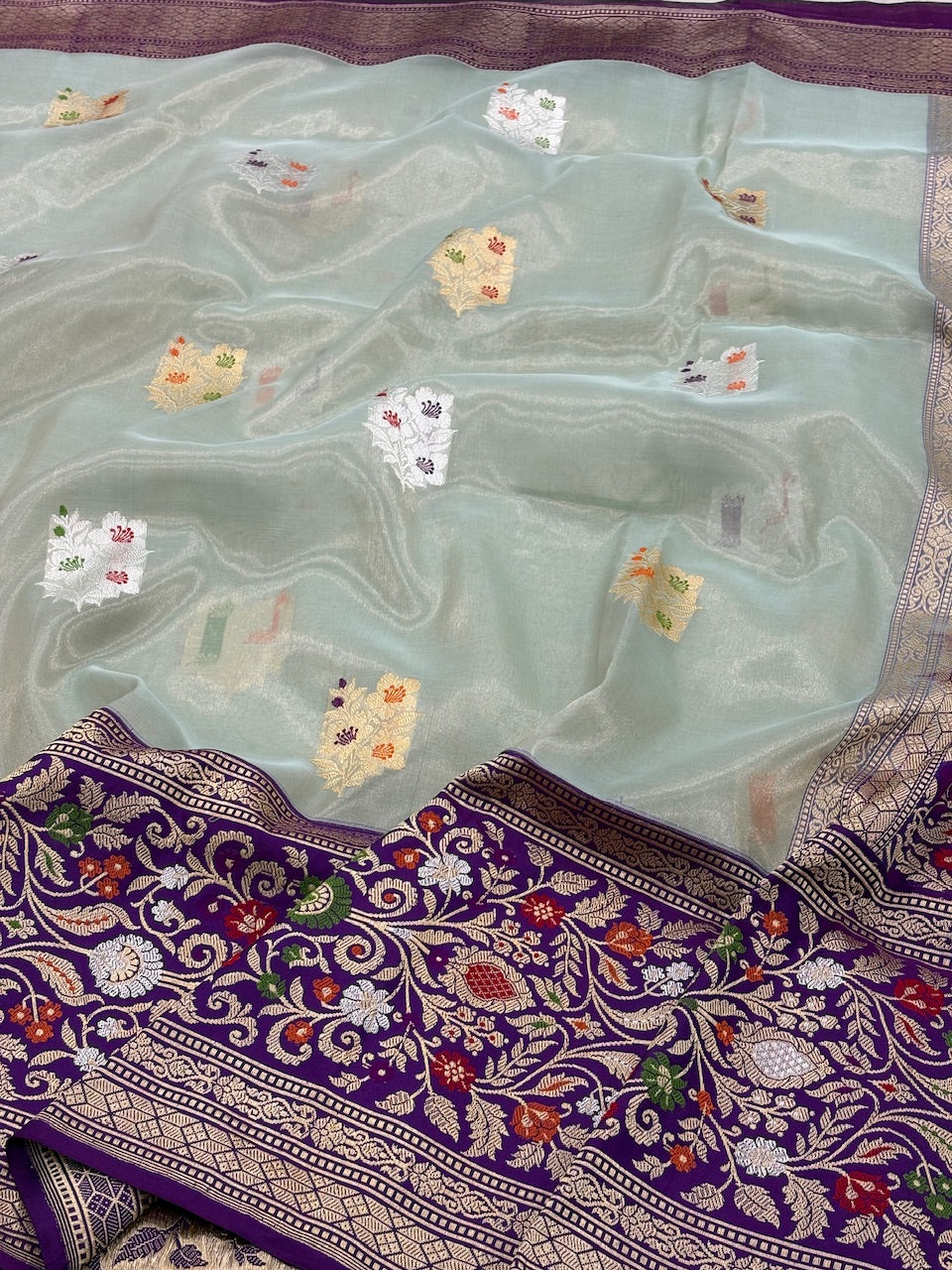 Ice Blue Banarasi Tissue Silk Handwoven Saree