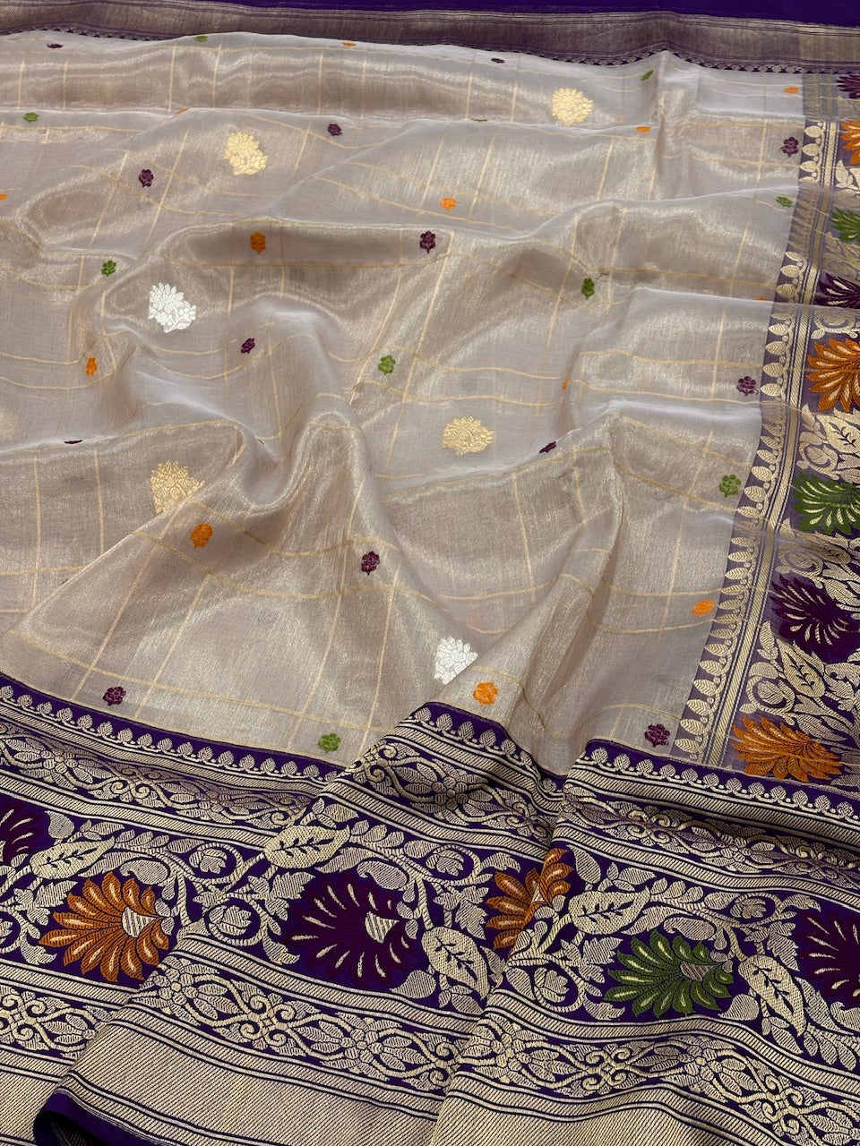 Goldish Levendar Banarasi Tissue Silk Handwoven Saree