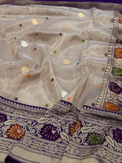 Goldish Levendar Banarasi Tissue Silk Handwoven Saree