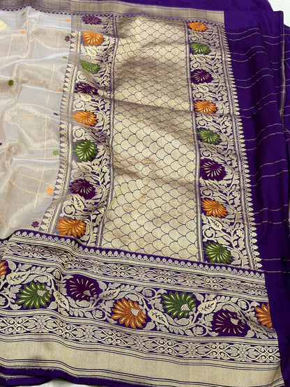 Goldish Levendar Banarasi Tissue Silk Handwoven Saree