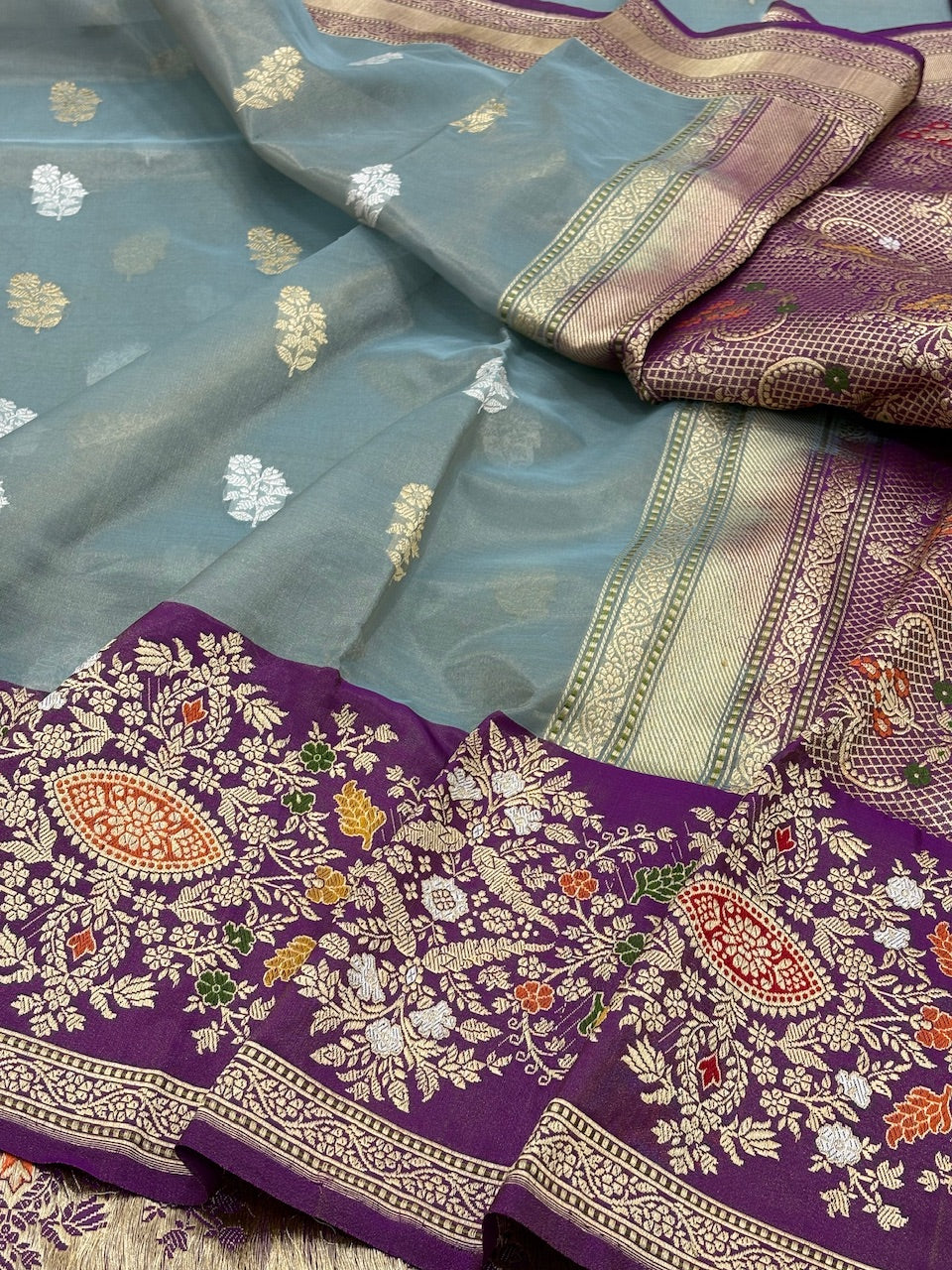 Ash Grey Banarasi Tissue Silk Handwoven Saree