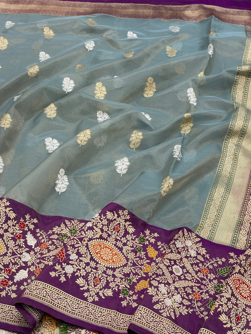Ash Grey Banarasi Tissue Silk Handwoven Saree