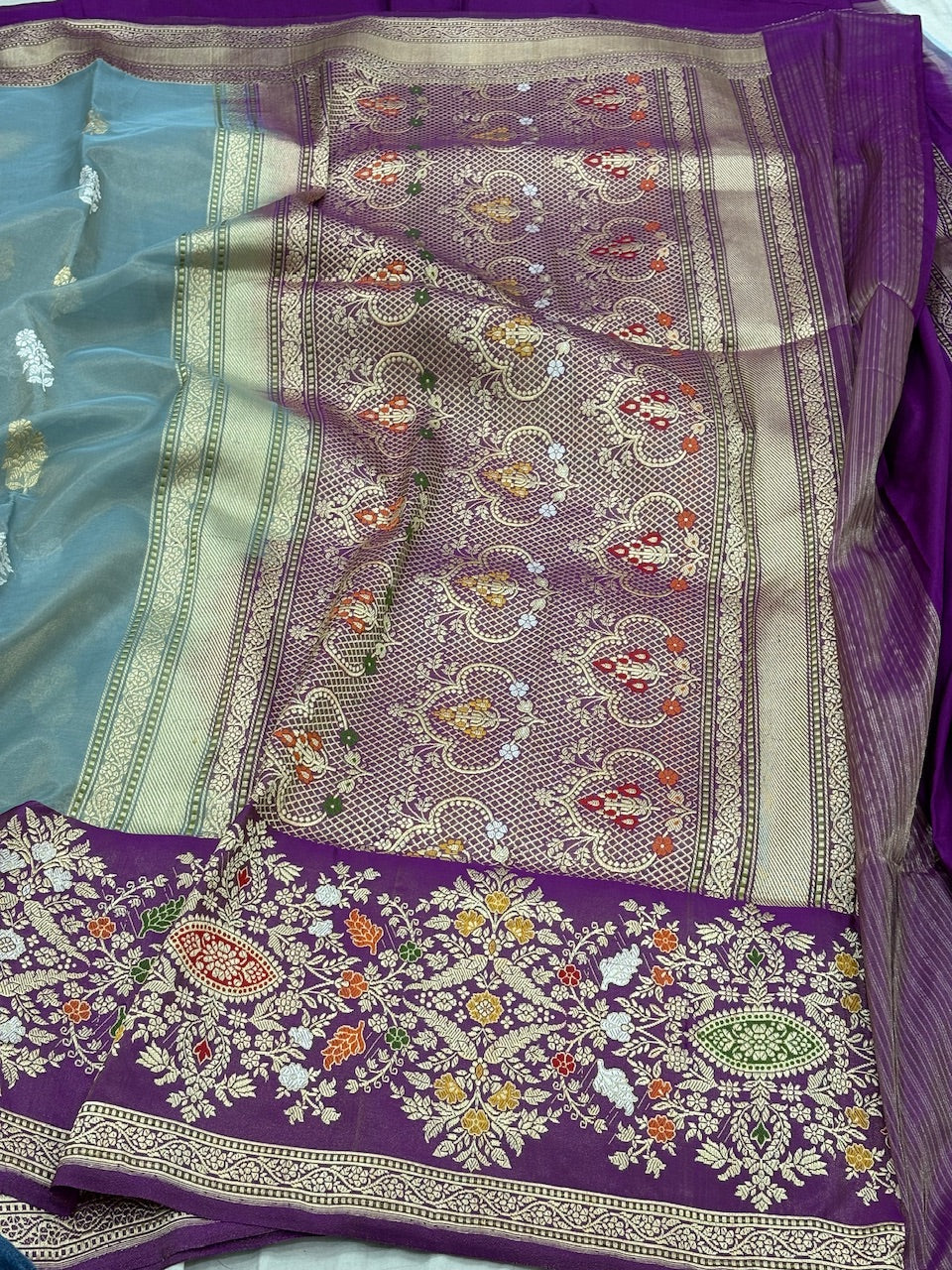 Ash Grey Banarasi Tissue Silk Handwoven Saree