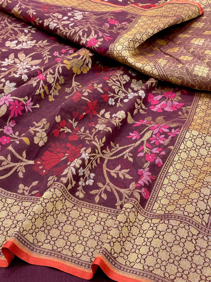 Coffee Brown Banarasi cotton Jamdani handloom Saree