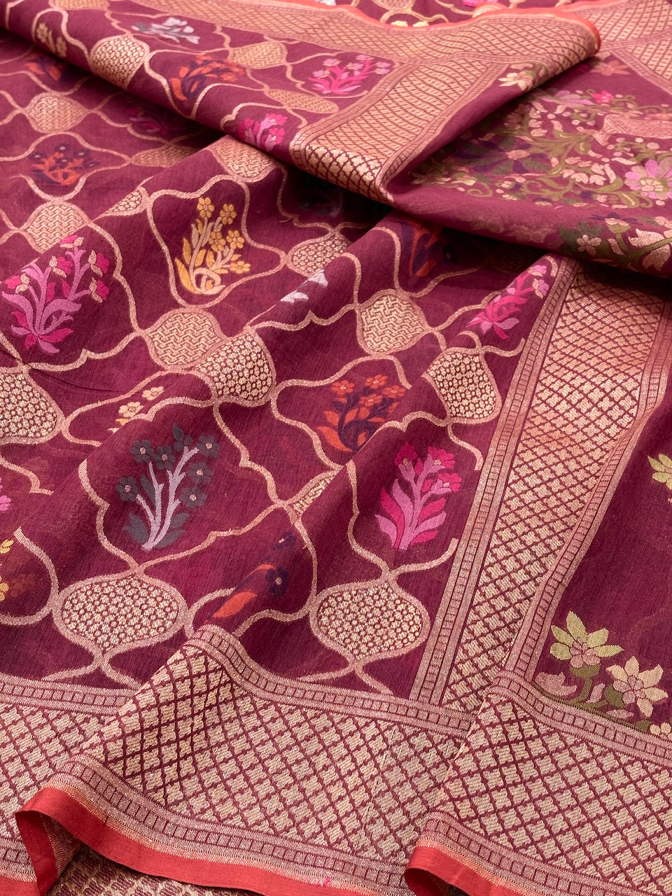 Wine Banarasi cotton Jamdani handloom Saree