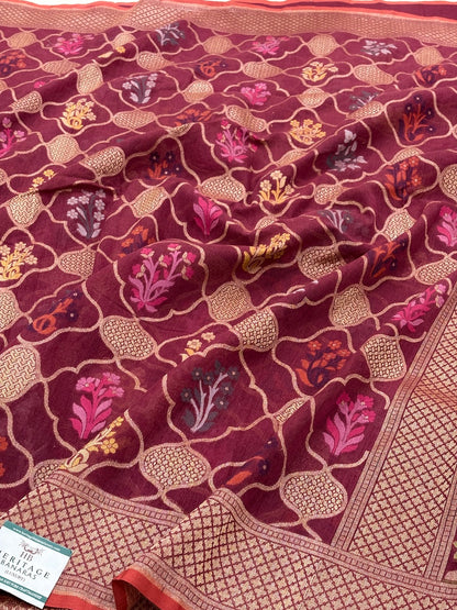 Wine Banarasi cotton Jamdani handloom Saree