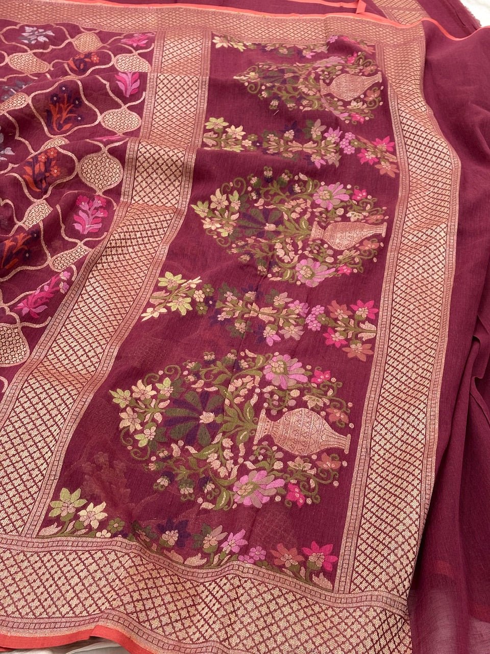 Wine Banarasi cotton Jamdani handloom Saree