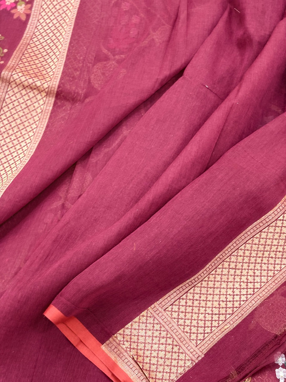 Wine Banarasi cotton Jamdani handloom Saree