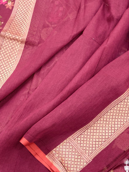 Wine Banarasi cotton Jamdani handloom Saree