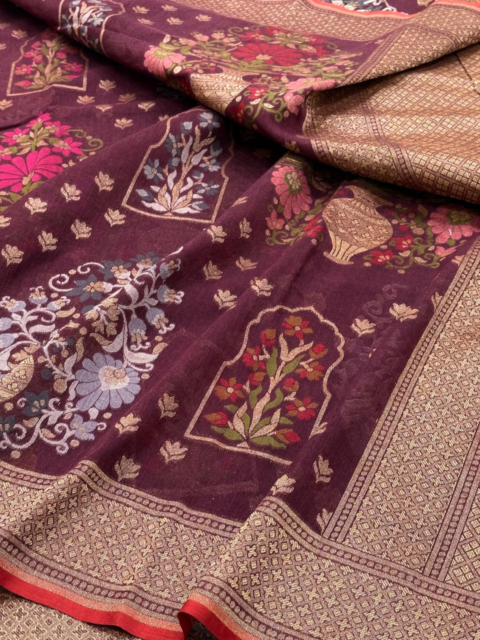 Brown Banarasi cotton Jamdani handloom Saree