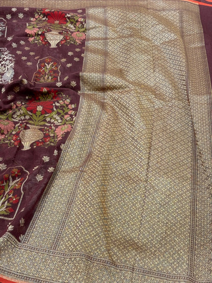 Brown Banarasi cotton Jamdani handloom Saree