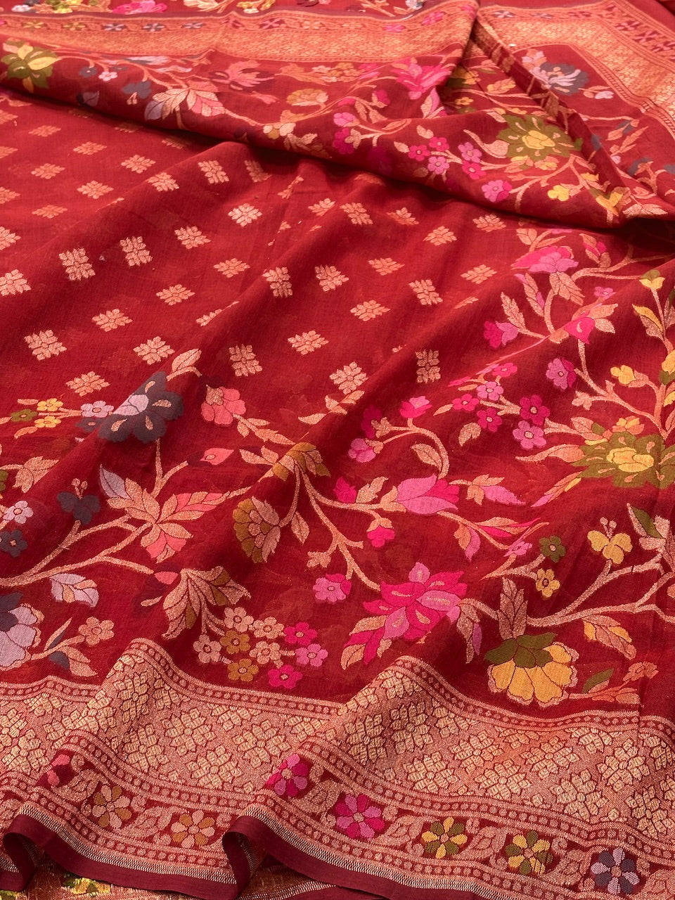 Red Banarasi cotton Jamdani handloom Saree