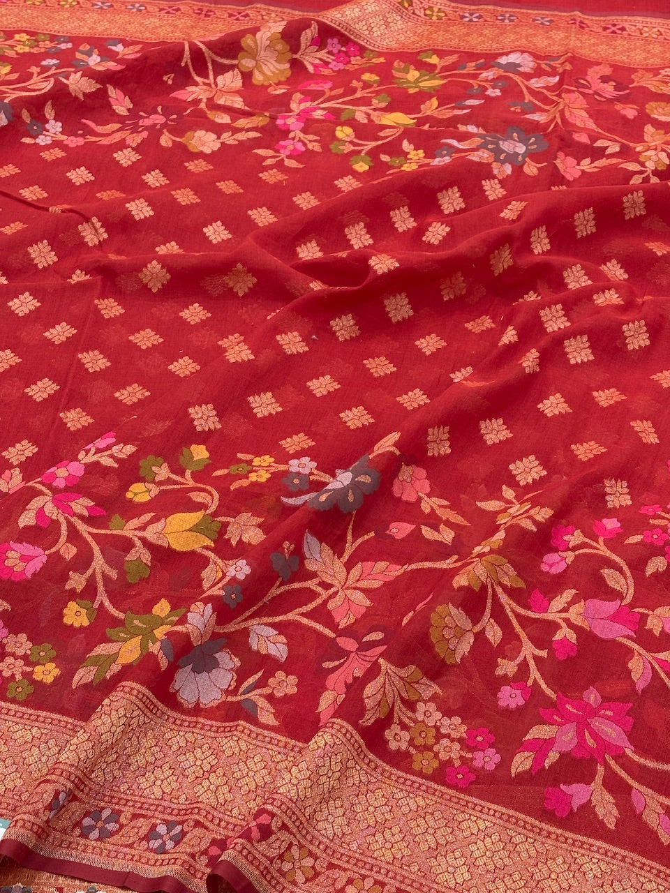 Red Banarasi cotton Jamdani handloom Saree