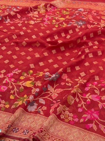 Red Banarasi cotton Jamdani handloom Saree