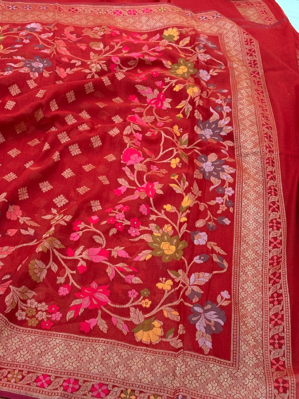 Red Banarasi cotton Jamdani handloom Saree