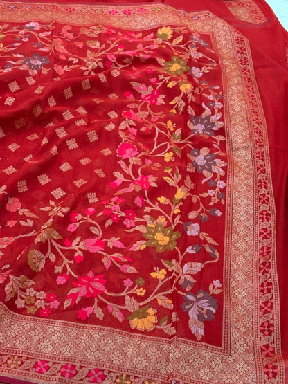 Red Banarasi cotton Jamdani handloom Saree