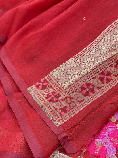 Red Banarasi cotton Jamdani handloom Saree