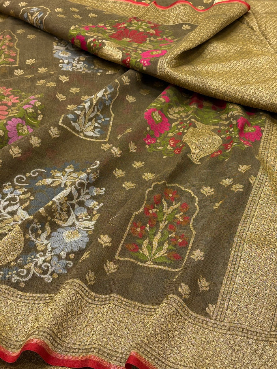 Mehndi Green Banarasi cotton Jamdani handloom Saree