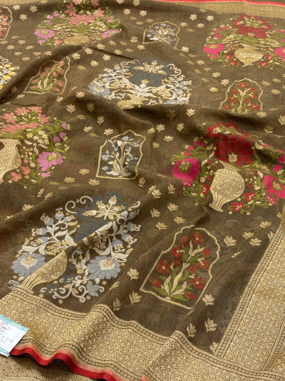 Mehndi Green Banarasi cotton Jamdani handloom Saree