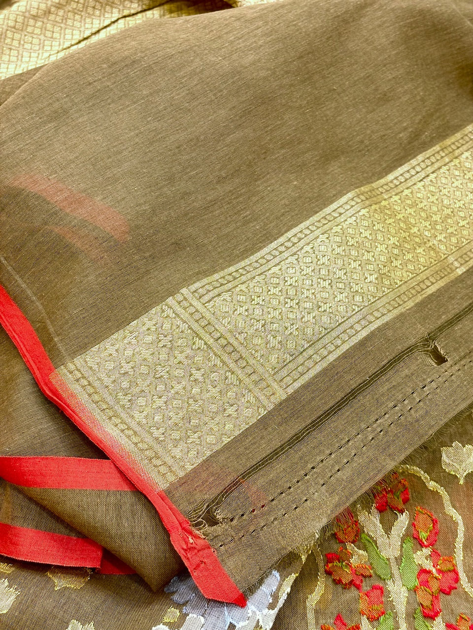 Mehndi Green Banarasi cotton Jamdani handloom Saree