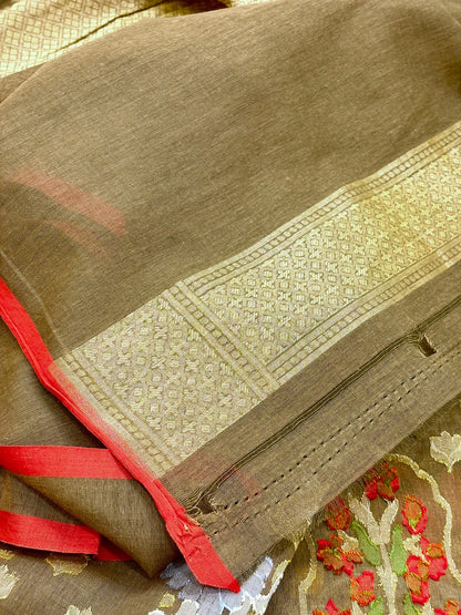 Mehndi Green Banarasi cotton Jamdani handloom Saree