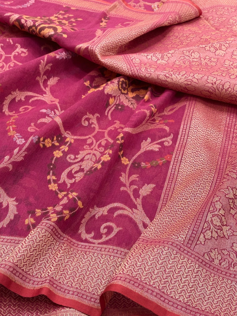 Pink Banarasi cotton Jamdani handloom Saree