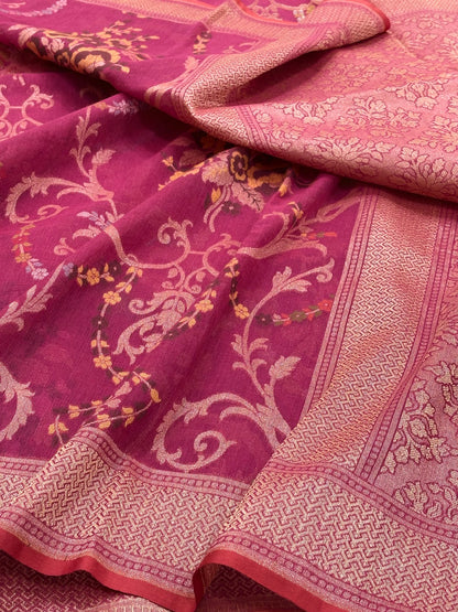 Pink Banarasi cotton Jamdani handloom Saree